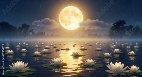 Fototapeta Naklejka Na Ścianę i Meble -  Beautiful full moon night with glowing reflection on lake surrounded by white lotus flowers, serene landscape symbolizing peace, spirituality, and Sharad Purnima celebration