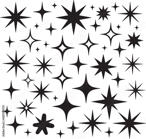 Retro Starburst Pattern Black and White Background Vintage Celestial Shapes Sparkles Design Geometric Illustration Decorative Graphic Element Backdrop Minimalist Style Starry Sky Aesthetic