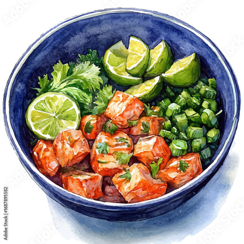 Ceviche, watercolor vector, isolated on a white background.
