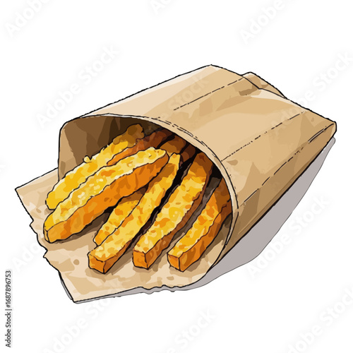 Vector art of golden brown french fries spilling out of a brown paper bag