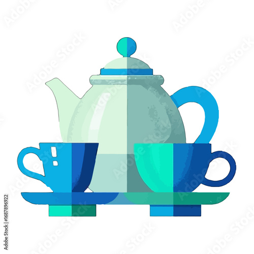 Vector art of modern flat design illustration of a teapot and two cups on saucers