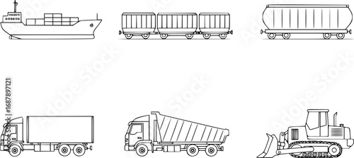 Outline Icon Set of Heavy Transport Modes Including Cargo Ship, Freight Train, Semi-Truck, Flatbed Truck and Bulldozer