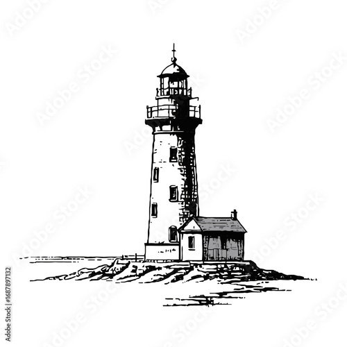 Vector art of a classic lighthouse stands tall on a rocky shore, with a small attached building, rendered in a vintage sketch style