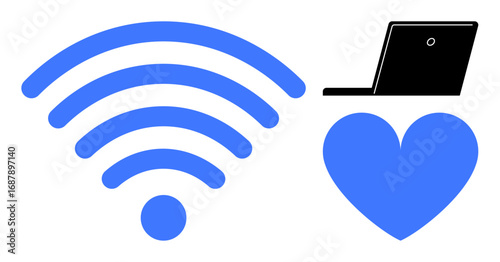 wireless signal, black laptop, blue heart highlight digital connectivity, tech-friendly lifestyle, and love for technology. Ideal for remote work, internet services, digital connection