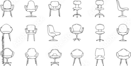 Outline Icon Set of Iconic Chair Designs Including Minimalist, Futuristic, Classic, Industrial, Retro and Sculptural Plastic Chair Styles