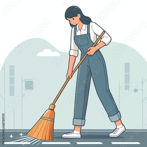 A janitor sweeps the street with a traditional broom with a simple and minimalist flat design using a white background.