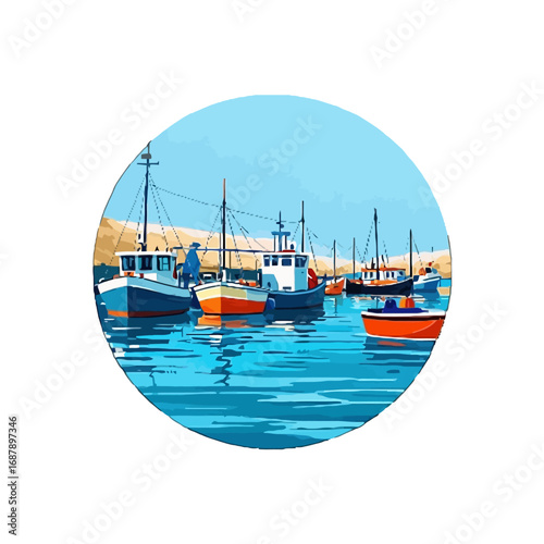 Vector art of fishing boats moored in a calm harbor under a clear blue sky, reflecting on the tranquil water surface