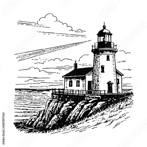 Vector art of a classic lighthouse stands tall on a rocky cliff overlooking the ocean, its beam cutting through the cloudy sky