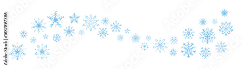 Hand drawn crayon blue silver snow flake filigree wave. Winter snowfall swirl border. Merry Christmas and Happy New Year divider. Pencil falling snowflake trail. Festive pattern ornament