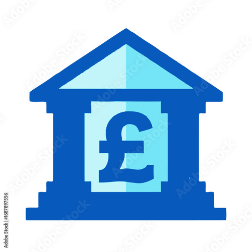 Vector art of a blue graphic illustration of a bank building with a pound sterling symbol inside