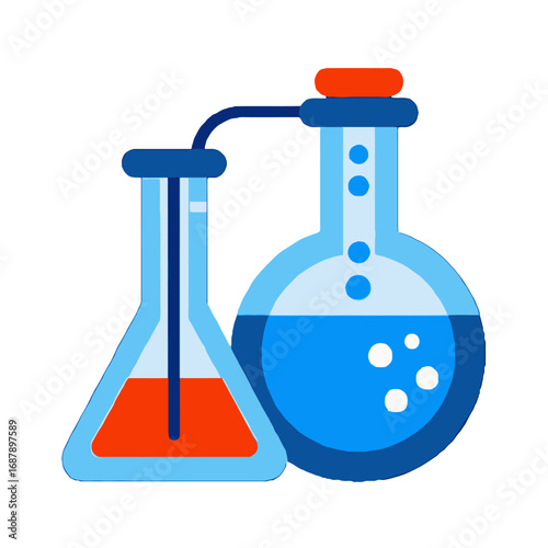Vector art of two laboratory flasks with blue liquid and orange substance, one connected to the other via a tube