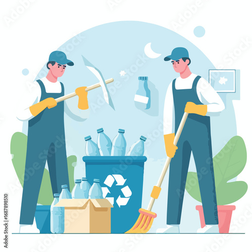 A cleaning officer collects plastic bottles for recycling with a simple and minimalist flat design using a white background.