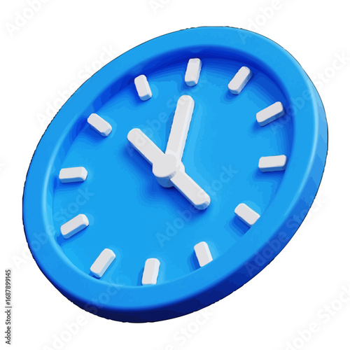 Vector art of a bright blue analog clock with white hour markers and hands, isolated on a, representing time and punctuality