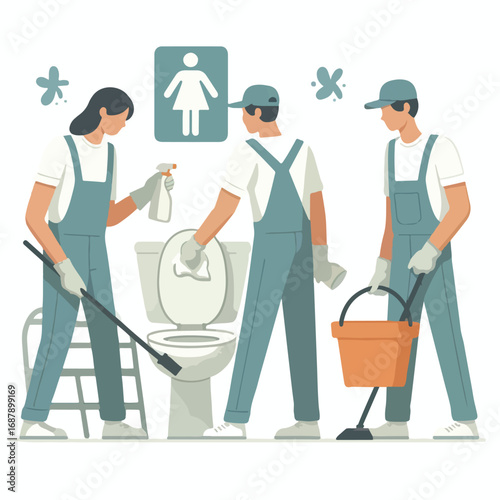 A cleaning officer cleans a public toilet with a simple and minimalist flat design using a white background.