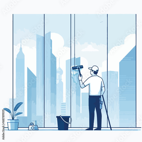 A cleaning officer is wiping the window glass of a building with a simple and minimalist flat design using a white background.