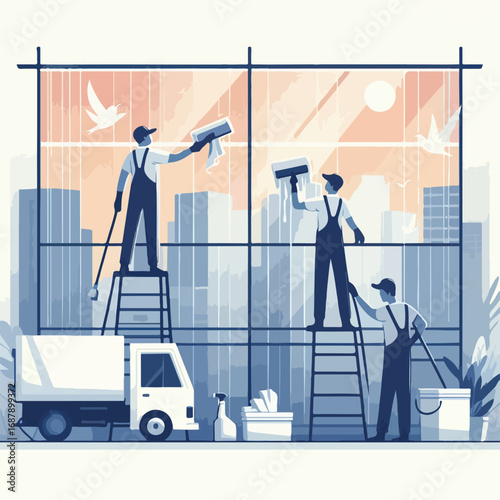A cleaning officer is wiping the window glass of a building with a simple and minimalist flat design using a white background.