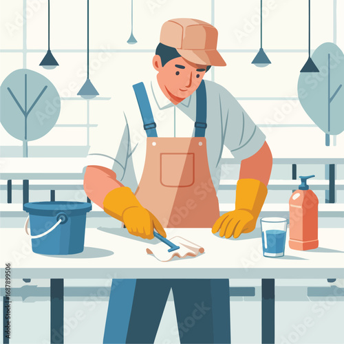 The cleaning staff is wiping the canteen table with a simple and minimalist flat design using a white background.