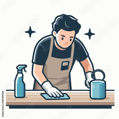 The cleaning staff is wiping the canteen table with a simple and minimalist flat design using a white background.