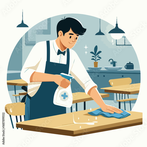 The cleaning staff is wiping the canteen table with a simple and minimalist flat design using a white background.