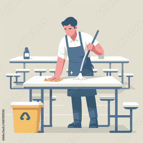 The cleaning staff is wiping the canteen table with a simple and minimalist flat design using a white background.