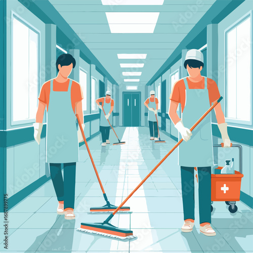 A cleaning staff mops a hospital corridor with a simple and minimalist flat design using a white background.