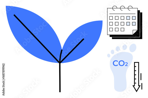 Growing plant with bold leaves, a carbon footprint icon, and a calendar. Ideal for sustainability, eco goals, renewable resources, environmental awareness, emission reduction, green initiatives