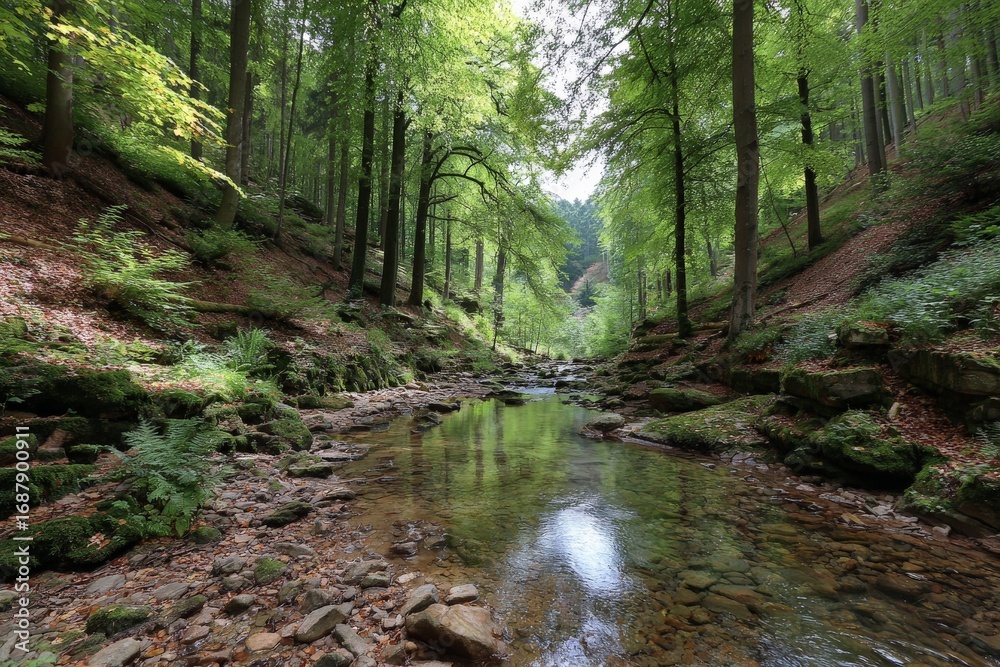Fototapeta premium Tranquil forest stream flowing through lush greenery in a serene woodland setting during daytime