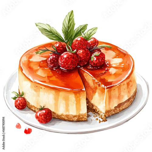 watercolor of Caramel Flan, vector, isolated on a white background.