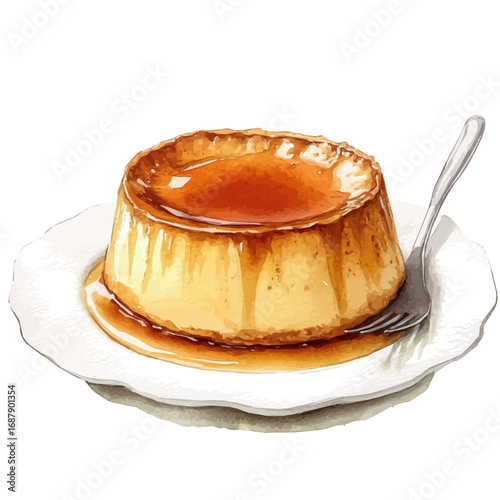 watercolor of Caramel Flan, vector, isolated on a white background.