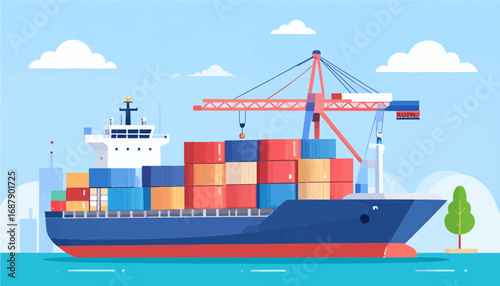 Vector illustration of cargo ship docked at port with containers and cranes. Ideal for export-import, global trade, and logistics presentation.