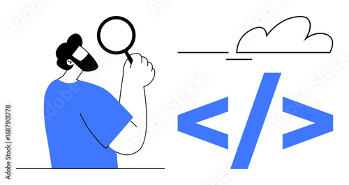 Man holding magnifying glass inspecting code brackets under minimal cloud. Ideal for coding, data analysis, web design, problem-solving, digital technology, programming, simple flat metaphor