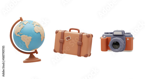 3d Cute Cartoon Travel Set Globe Suitcase Camera Isolated Transparent Background