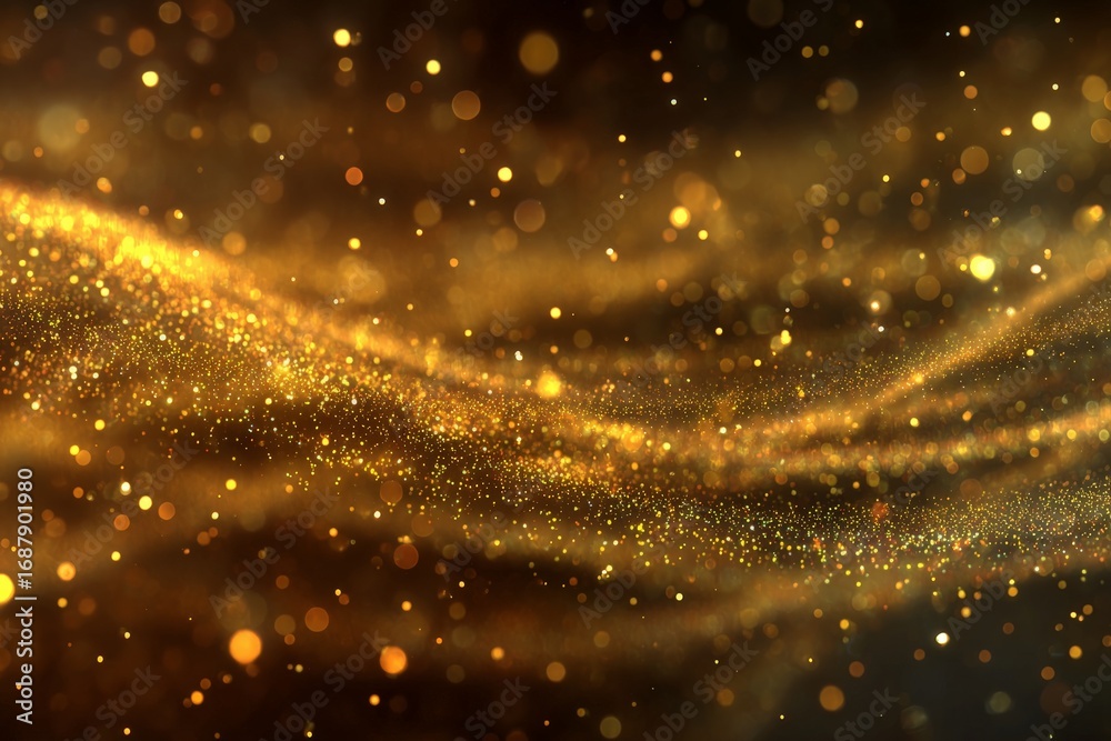 Obraz premium Golden particles swirl in a mesmerizing display of light and texture against a dark background