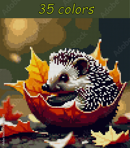 Realistic hedgehog. Pixel art vector 100x100 for paint by numbers – color grid illustration with clean, smooth squares and overlaid grid, fully editable, scalable vector for digital or print use.