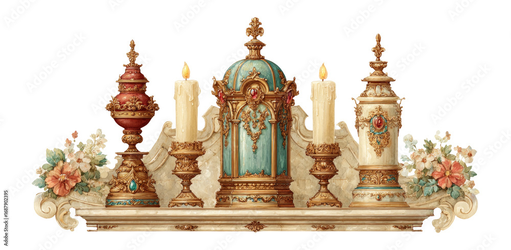 Fototapeta premium Elegant Decorative Arrangement with Candles and Floral Accents on Shelf