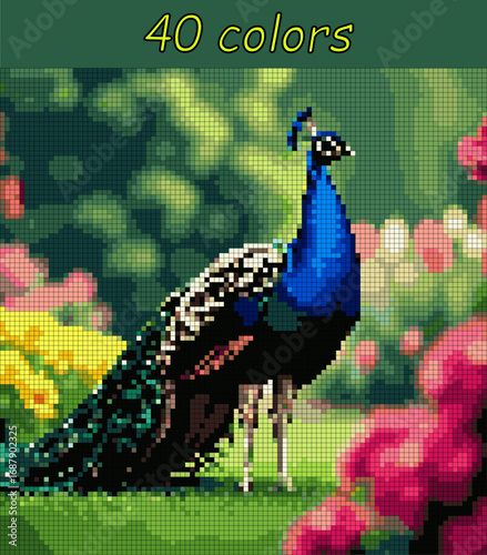 Realistic Peacock. Pixel art vector 100x100 for paint by numbers – color grid illustration with clean, smooth squares and overlaid grid, fully editable, scalable vector for digital or print use.
