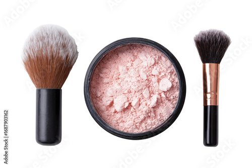 Pink powder makeup, two makeup brushes