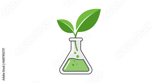 A laboratory flask with green liquid and growing leaves, symbolizing scientific growth.