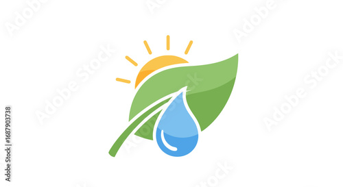 Illustration of a green leaf with a water droplet and a stylized yellow sun above, symbolizing nature and sustainability.