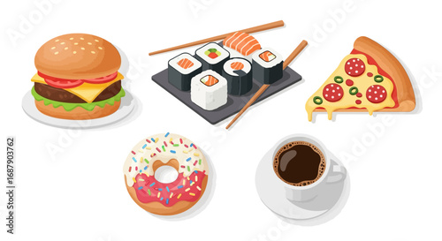 Illustration of a burger, sushi, pizza slice, donut, and coffee cup arranged on a white background.