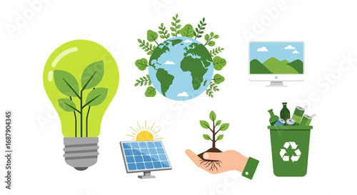 Eco-friendly initiatives:  Earth, renewable energy, recycling, and sustainable growth.