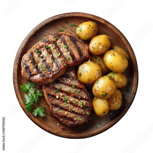 Grilled steak and roasted potatoes on a wooden plate.