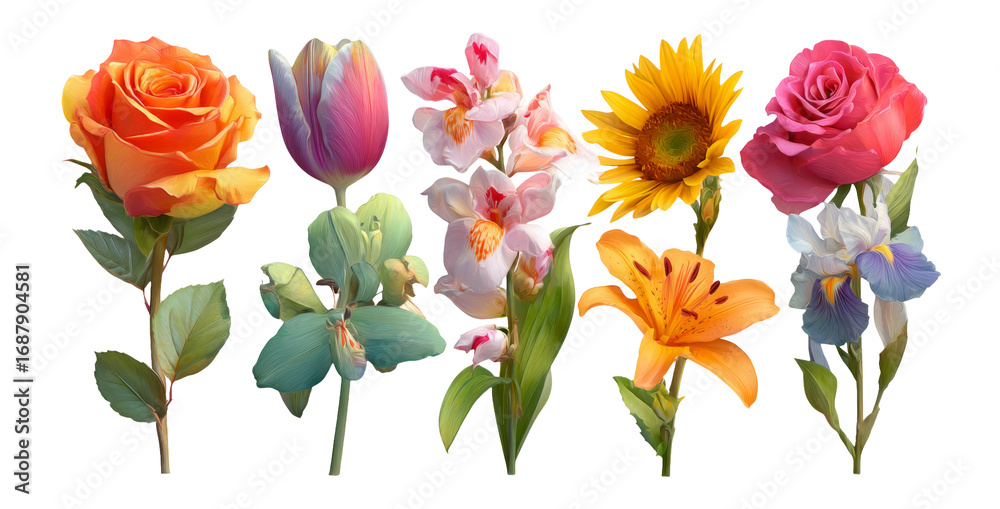 Fototapeta premium Colorful Floral Collection of Isolated Flowers on Transparent Background