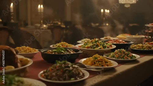 Lavish banquet table set with various dishes, showcasing a feast in an elegant dining room ambiance