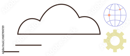 Cloud outline with motion lines, globe with connection points, and gear icon. Ideal for technology, cloud storage, data sharing, innovation, workflows global reach scalability. Simple flat metaphor