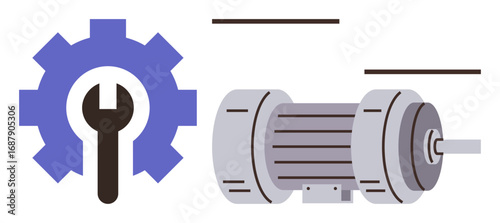 Gear and wrench paired with an industrial motor highlighting maintenance, repair, and mechanical engineering. Ideal for industry, machinery, workshop, engineering, motor repair, manufacturing simple