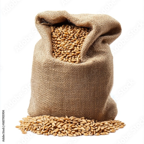 Isolated jute sack of organic wheat and grains for healthy bread