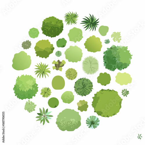 Collection of abstract watercolor green tree top view isolated on white background for landscape plan and architecture layout drawing, elements for environment and garden, green grass .