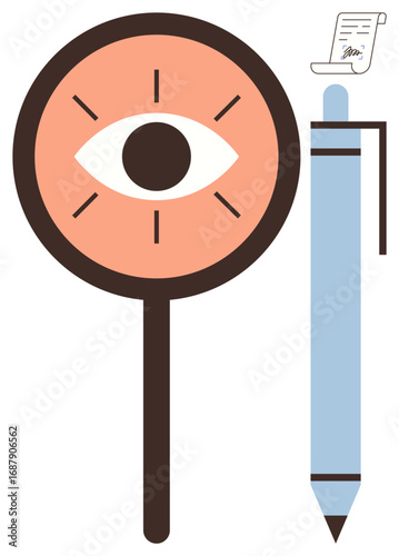 Magnifying glass with eye symbolizes observation and insight, paired with pen and paper for documentation and creativity. Ideal for research, vision, observation, focus, analysis, creativity