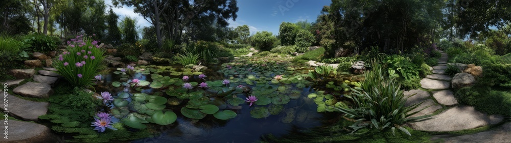 Naklejka premium Serene water lily blooms tranquil garden pond nature photography lush environment wide-angle view peaceful concept